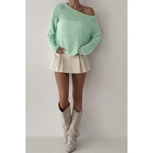 Ajur Örgü Mevsimlik Triko Kazak Düşük Omuz - YEŞİL