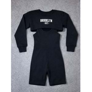 Kız Çocuk Brookln Baskılı Crop Sweatshirt Penye Tulum Spor Takım - SİYAH - 10-11 YAŞ