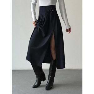 Kadın Giyim Yüksek Bel Toka Kemerli Pilise Yırtmaç Detay Etek - SİYAH - L