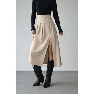 Kadın Giyim Yüksek Bel Toka Kemerli Pilise Yırtmaç Detay Etek - TAŞ - L