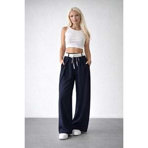Bel Detaylı Tasarım Palazzo Pantolon - LACİVERT - L