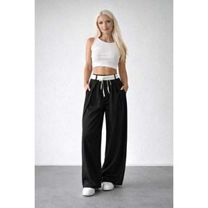 Bel Detaylı Tasarım Palazzo Pantolon - SİYAH - M