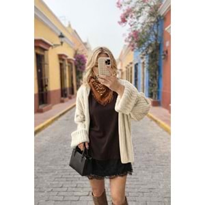 Dantel Saten Detaylı Oversize T-Shirt / Tunik Acı Kahve Renk - KAHVERENGİ - L