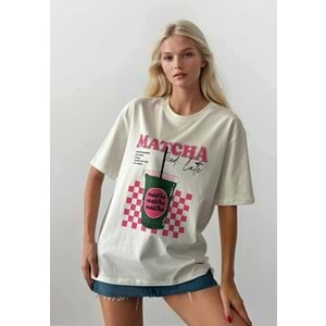 Yeni Sezon Beyaz Renk Matcha Çay Baskı Detaylı Tasarım T-Shirt Kahve Renk