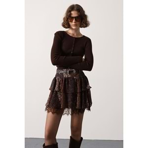 Dantel Detaylı Kat Kat Gümüş Toka Kemerli Mini Etek -Kahve - L