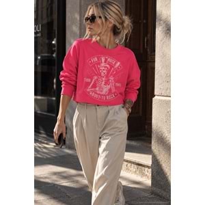 Yıkamalı Pembe KuruKafa Baskılı Taş Detaylı Sweatshirt - PEMBE - STANDART