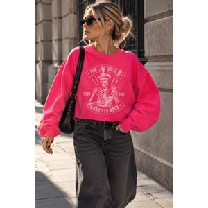 Yıkamalı Pembe KuruKafa Baskılı Taş Detaylı Sweatshirt - PEMBE - STANDART