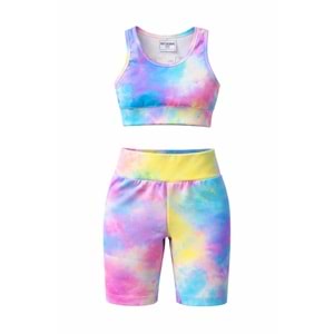 Yeni Sezon Kız Çocuk Çok Renkli Crop Üst Kısa Tayt 2 li Alt Üst Takım