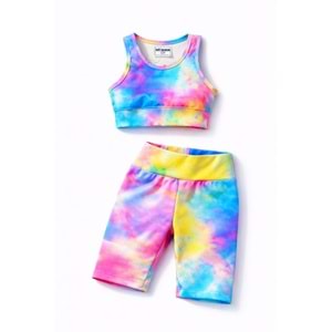 Yeni Sezon Kız Çocuk Çok Renkli Crop Üst Kısa Tayt 2 li Alt Üst Takım