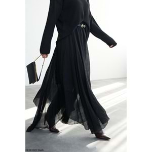 Yeni Sezon Asimetrik Kesim Siyah Etek - Uzun -Krep Kumaş - SİYAH - STANDART