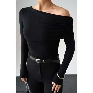 Yeni Sezon Madonna Döküm Yaka Tek Omuz Viskon Body - Bluz - SİYAH - L