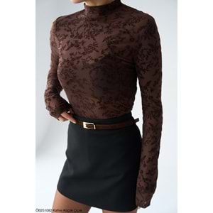 Yeni Sezon Transparan Mini Çiçek Desenli Bluz - KAHVERENGİ - L