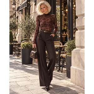 Yeni Sezon Transparan Mini Çiçek Desenli Bluz - KAHVERENGİ - L