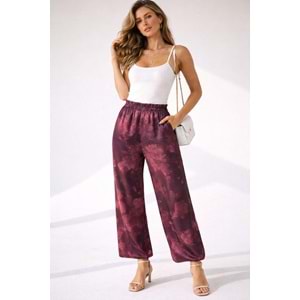 Saten Kumaş Paça Lastikli Şalvar Pantolon Premium Kalite - BORDO - L