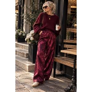 Saten Kumaş Paça Lastikli Şalvar Pantolon Premium Kalite - BORDO - L