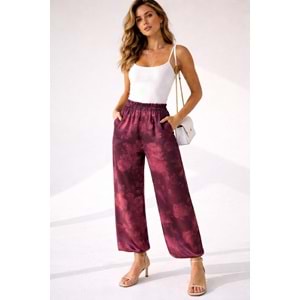 Saten Kumaş Paça Lastikli Şalvar Pantolon Premium Kalite - BORDO - L