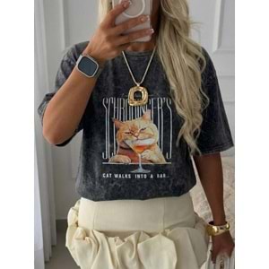 Cat Walks Kedi Baskılıo Yıkamalı Oversize T-Shirt