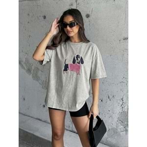 Yıkamalı Taş Renk Sevimli Sosis Köpek Tasarım Oversize T-Shirty