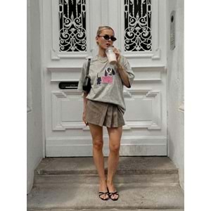 Yıkamalı Taş Renk Sevimli Sosis Köpek Tasarım Oversize T-Shirty