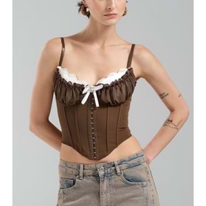 Kopça Kapamalı Tasarım Korse Büstiyer - Premium Kalite Bluz - KAHVERENGİ - L
