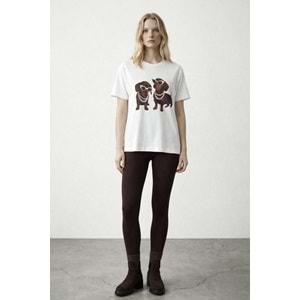 Yeni Sezon Vanilya Renk Lovely Puppies Baskılı Premium T-Shirt - TAŞ - S