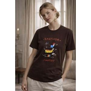 Sausage Market Baskılı Kahverengi Kadın T-Shirt – Premium Pamuk - KAHVERENGİ - M