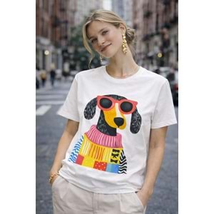 Renkli Köpek Baskılı Beyaz Kadın T-Shirt – Premium Pamuk Graphic Model - ÇOK RENKLİ - L