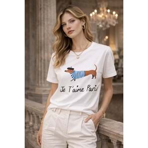 Je T’aime Paris Baskılı Premium Kadın T-Shirt – Fransız Stil Şık Basic - BEYAZ - L