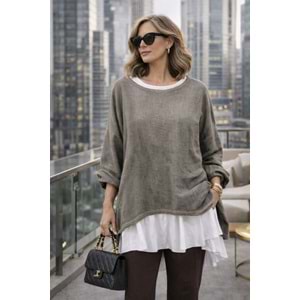 Premium Katmanlı Keten Oversize Bluz – Uzun İç T-Shirt 2 Parça - KAHVERENGİ - STANDART