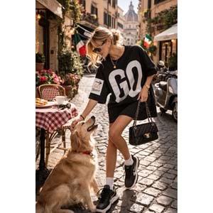 Yeni Sezon GO Yazılı Oversize Siyah T-Shirt Elbise |Pamuk Spor Şıklık