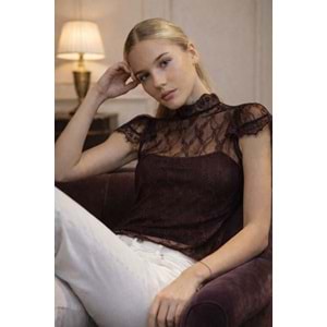 Mürdüm Dantel Transparan Bluz – Zarif Yaka Premium Tasarım - Acı Kahve - L