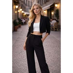 Yüksek Bel Siya Kadın Pantolon – Double Button Elegant - SİYAH - L