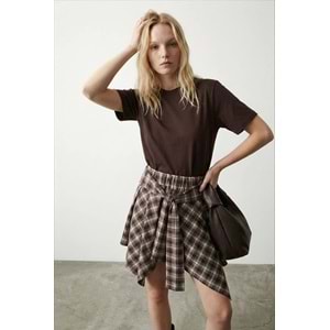 Ekose Desen Bağlama Detaylı Asimetrik Etek - ÇOK RENKLİ - L