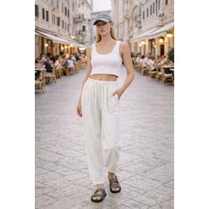 Kadın Relax Fit Beli Lastikli Ekru Pantolon %100 Pamuk - BEYAZ - L