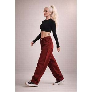 Bordo Renk Skater Fit %100 Cotton Yıkamalı Denim Pantolon - BORDO - 32