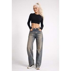 Eskitme Yıkamalı Straight Denim / Kot Pantolon - MAVİ - 34