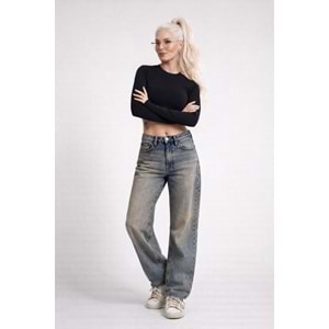 Eskitme Yıkamalı Straight Denim / Kot Pantolon - MAVİ - 36