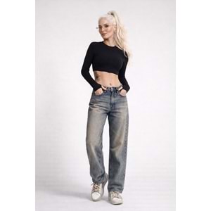 Eskitme Yıkamalı Straight Denim / Kot Pantolon - MAVİ - 36