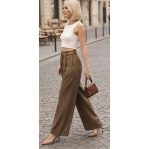 Vizon Renk Bel Kemer Detay Wide Leg Kumaş Pantolon - VİZON - L