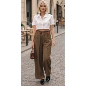 Vizon Renk Bel Kemer Detay Wide Leg Kumaş Pantolon - VİZON - L