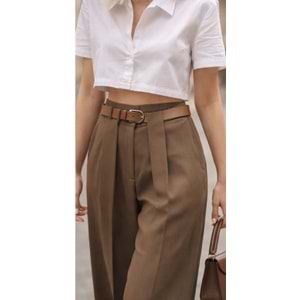 Vizon Renk Bel Kemer Detay Wide Leg Kumaş Pantolon - VİZON - L