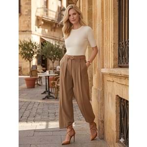 Vizon Renk Bel Kemer Detay Wide Leg Kumaş Pantolon - VİZON - M