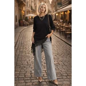 Bella Lace Asimetrik Dantel Detaylı Siyah Tencel Tasarım Bluz - SİYAH - L