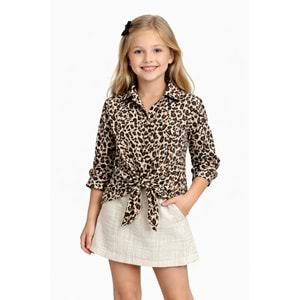 Kız Çocuk Leopar Desen Bel Bağlama Detay Tasarım Gömlek - LEOPAR - 6-7 YAŞ