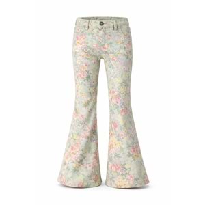 Kız Çocuk Retro Pastel Renk Çiçek Desen Kot Pantolon İspanyol - YEŞİL - 11 YAŞ