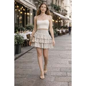 Paris Mode Puantiye Katlı Etek Krem - Kahve - KREM - M