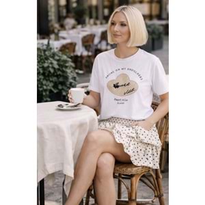 Nice Hasır Şapka Desen 3D Aplikeli Krem T-Shirt - EKRU - M