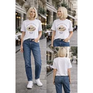 Nice Hasır Şapka Desen 3D Aplikeli Krem T-Shirt - EKRU - M