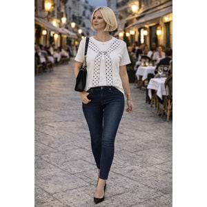Fular PolkaDot Baskılı Chic Kadın T-Shirt - EKRU - L