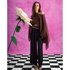 Kadın Kahverengi Dökümlü Tül Bluz - Draped Elegant Muse